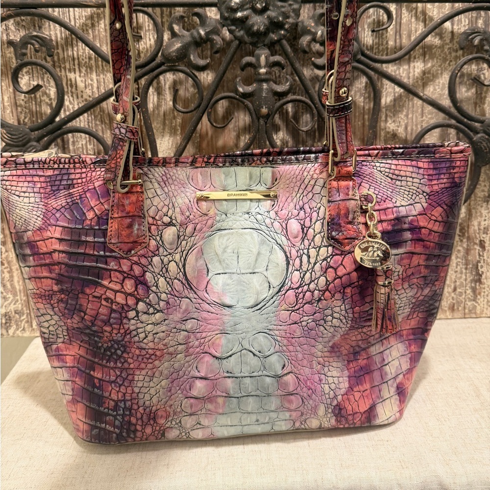 Pink/ Blue Brahmin Medium Asher Melbourne Leather Purse Like new w papers - Picture 2 of 13